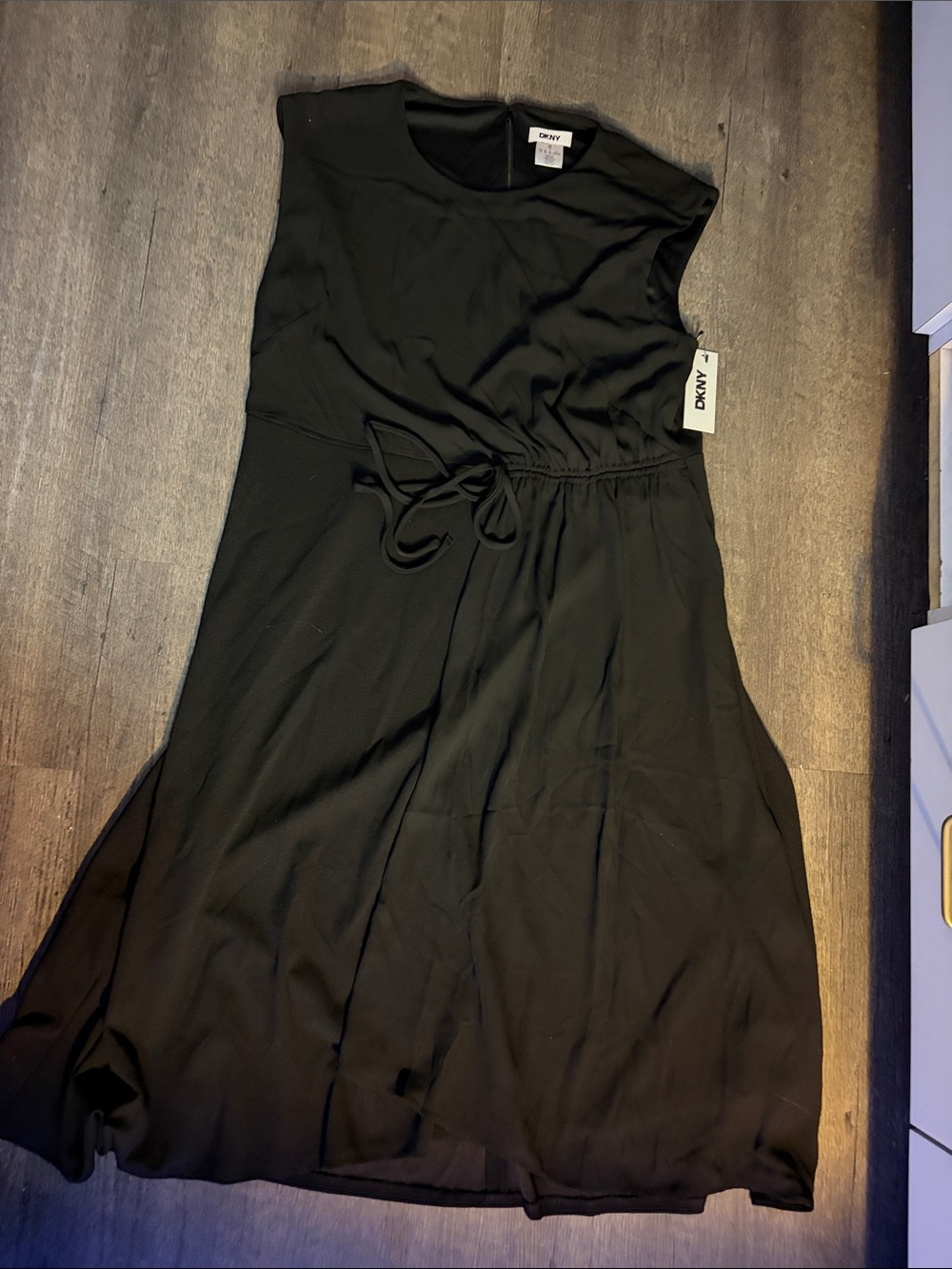DKNY Black Sleeveless Midi Dress faux wrap with Waist Tie